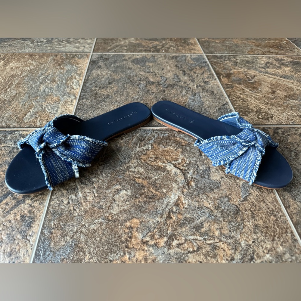 Rothy’s The Knot Blue Frayed Crisscross Slip On Sandals- Blue, Women’s Size 7.5